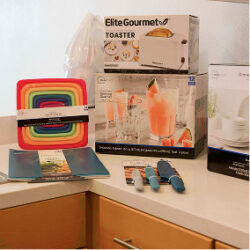 A photograph of kitchen supplies on the counter