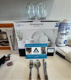 welcome supplies unboxed on a kitchen counter